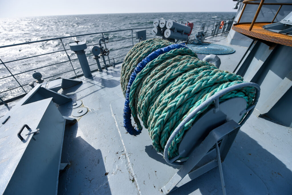 Mooring heavy duty rope detail on a military ship