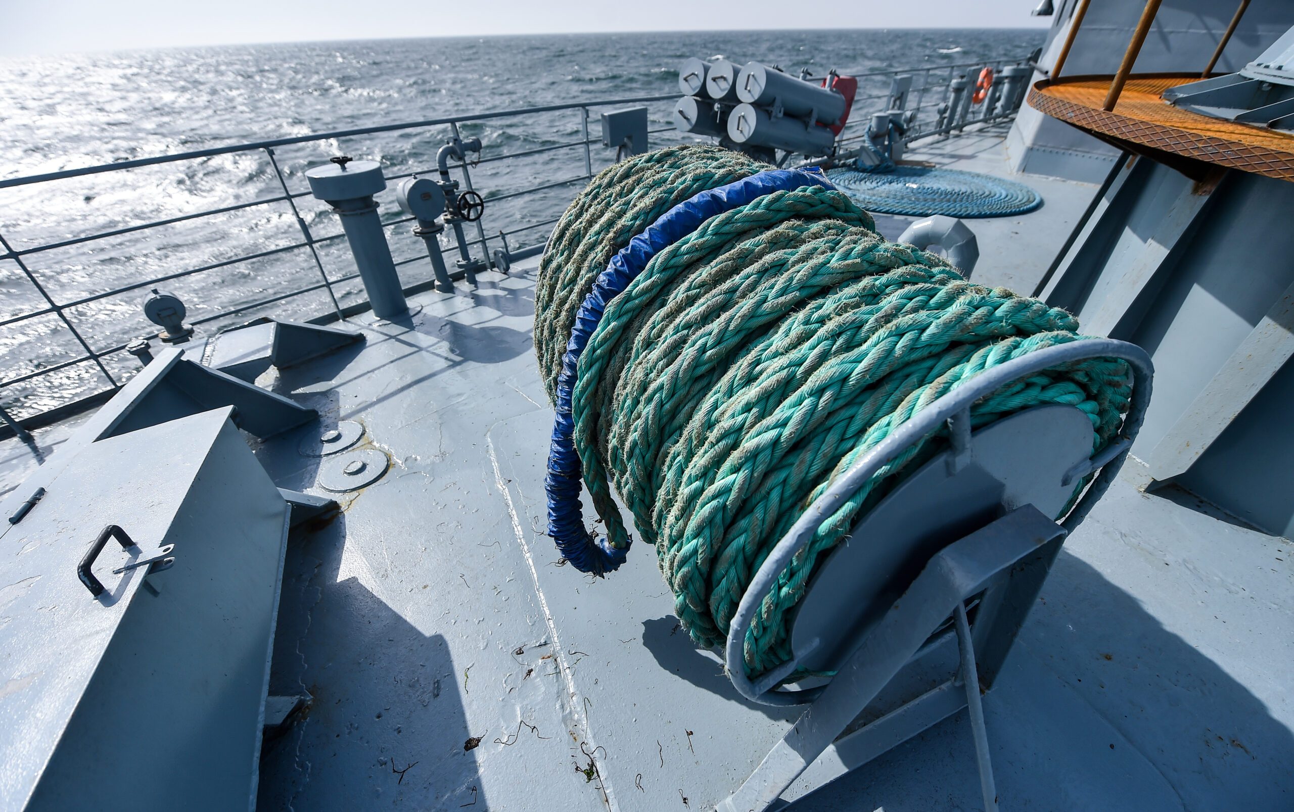 Mooring heavy duty rope detail on a military ship